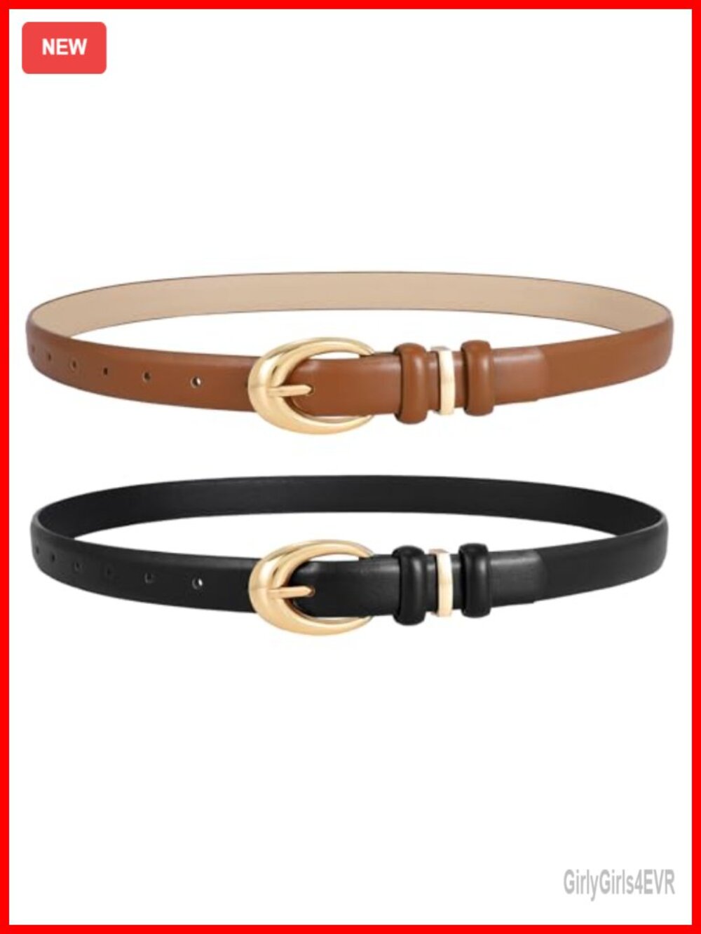 2 Pack PU Leather Women's Belts Gold Buckle Adjustable Jeans Dress